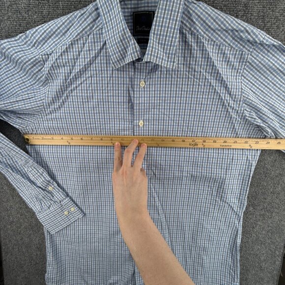 David Donahue Long Sleeve 17 34/35 Blue Check Trim Button Up Shirt Men Cotton - Picture 5 of 11